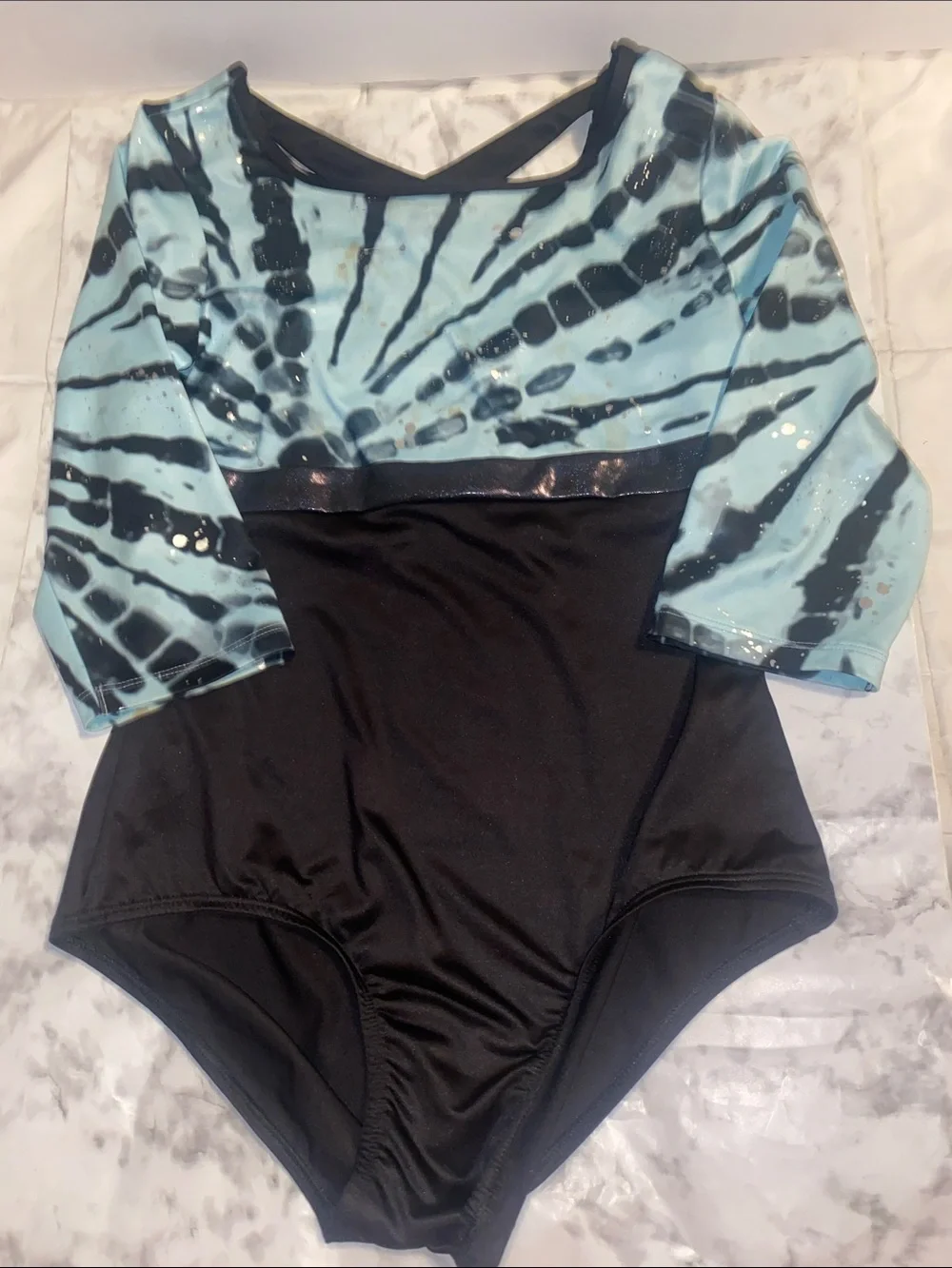 Justice Blue Tie-Dye and Black One-Piece with Metallic Trim